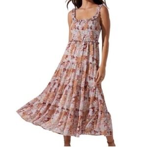 ASTR THE LABEL Floral Smocked Tiered Midi Dress Women's Small Spring Summer